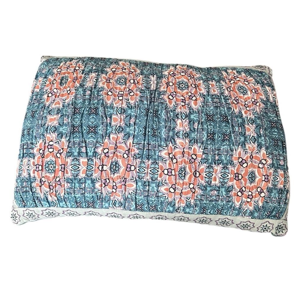 Amrita-Sen Blue Boho Mandela Print Quilted Seersucker Rectangle Throw Pillow